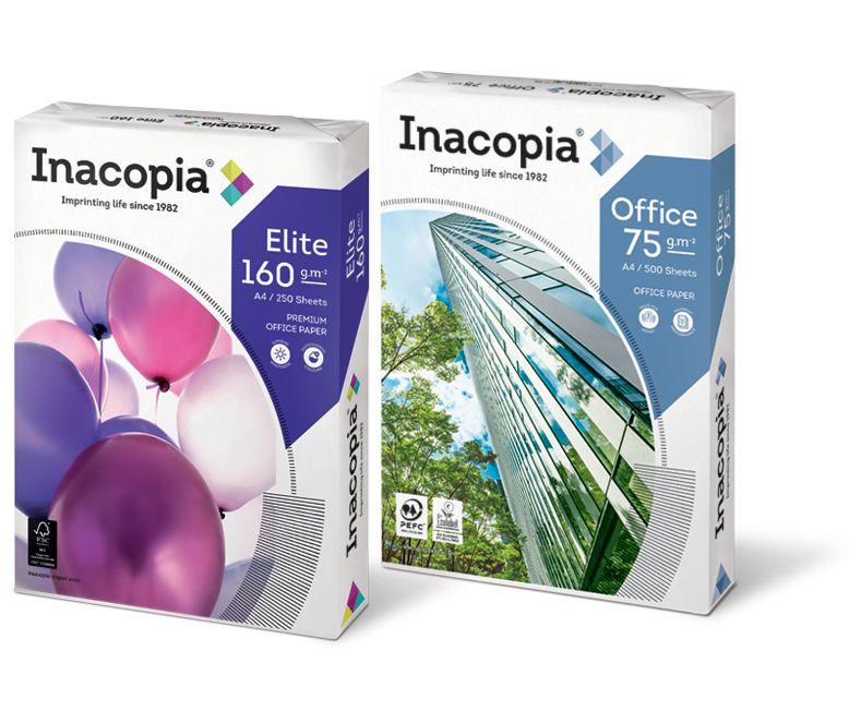 A pack of Inacopia Office and Elite paper side by side
