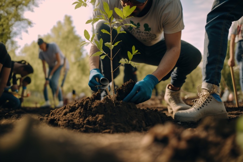 The person planting trees or working in a community garden promoting local food production and habitat restoration, concept of Sustainability and Community Engagement, created with Generative AI technology